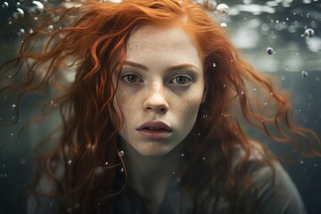  red-haired teenage girl swimming underwater in the pool