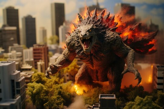 Image of fire-breathing godzilla attacking a city with a tilt-shift effect. Generative AI