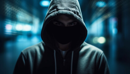 Hooded thief, lurking in the dark city, a dangerous criminal generated by AI - obrazy, fototapety, plakaty