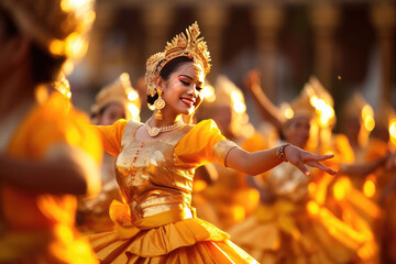Traditional female dancer in golden attire, performing with background flames. Cultural dances and traditions. - obrazy, fototapety, plakaty
