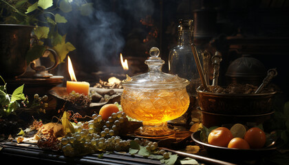 Obraz premium Candle flame flickers on table, autumn dark celebration, pumpkin still life generated by AI