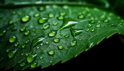 Vibrant green leaf with dew drop, reflecting beauty in nature generated by AI