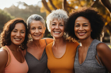 Obraz premium Happy senior friends wearing sportswear, posing in park. Lifestyle concept.