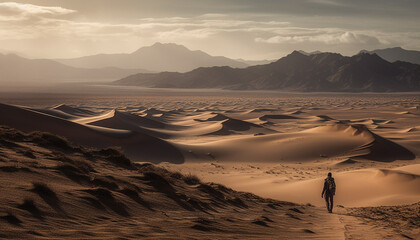 Fototapeta na wymiar Walking in solitude, a man journeys through the majestic sand dunes generated by AI