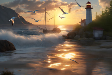 Illustration depicting the sea, seagulls, lighthouse, ship, sun, cabin, and low mountains. Generation AI