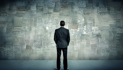 Obraz premium Confident businessman standing in cityscape, watching success on computer graphic generated by AI