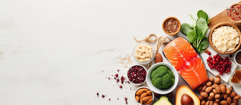 High protein foods including legumes meat fish dairy nuts tofu seeds grains and supplement powders Foods rich in fiber antioxidants and vitamins Viewed from above on white wood With copyspa