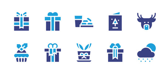 Fototapeta na wymiar Christmas icon set. Duotone color. Vector illustration. Containing present, christmas present, christmas card, milk, plant pot, deer, gift, snowing.