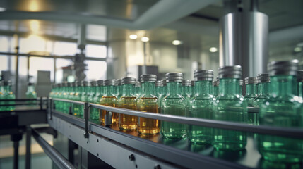 Glass bottles filled with clear liquid move seamlessly along an automatic conveyor line