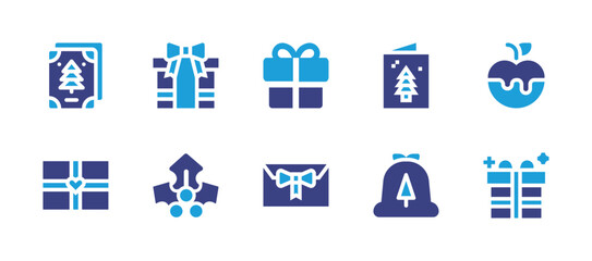 Fototapeta na wymiar Christmas icon set. Duotone color. Vector illustration. Containing gift, greeting card, caramelized apple, christmas card, mistletoe, present, gift bag.