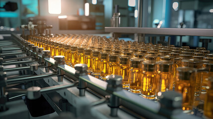 Glass bottles filled with clear liquid move seamlessly along an automatic conveyor line