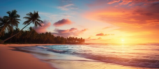 Fototapeta na wymiar Beautiful tropical beach with colorful sky calm sea palm trees and a romantic couple enjoying the stunning view With copyspace for text
