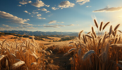 Sunset over a rural farm, golden wheat fields in summer generated by AI - obrazy, fototapety, plakaty