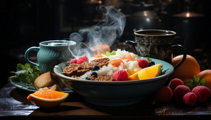 Freshness and gourmet on a rustic table, healthy eating with fruit generated by AI