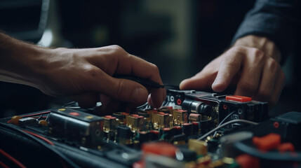 A technician is checking the electrical system inside a car