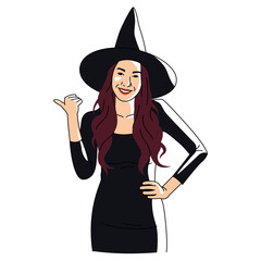 SMILING WOMAN IS WEARING BLACK WITCH HAT VECTOR