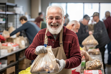 Mature man with apron offers bag of groceries in community setting. Food donation and charity.
