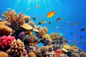 Poster Underwater with colorful sea life fishes and plant at seabed background, Colorful Coral reef landscape in the deep of ocean. Marine life concept, Underwater world scene. © TANATPON