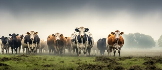 Cows quietly graze in a meadow in North Brabant with reed plants visible in the foreground With copyspace for text