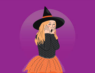 SURPRISED GIRL WITH HALLOWEEN WITCH COSTUME