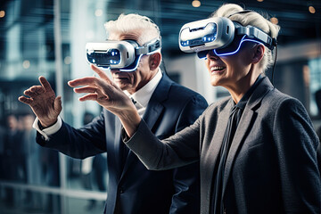 Cutting-Edge Tech Conference. Elderly tech enthusiasts, 50s, network and exchange ideas on advancements. Virtual reality, innovation, digital, 3D, future.