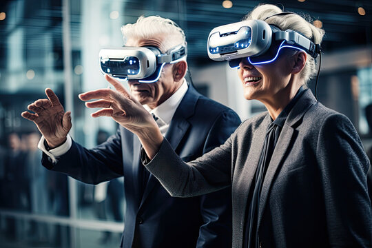Cutting-Edge Tech Conference. Elderly tech enthusiasts, 50s, network and exchange ideas on advancements. Virtual reality, innovation, digital, 3D, future.
