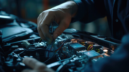 A technician is checking the electrical system inside a car
