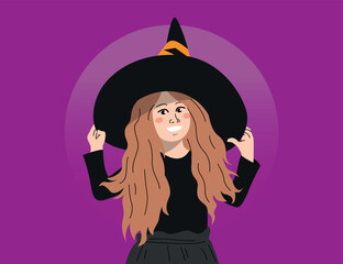 CUTE SMILING GIRL IS WEARING HALLOWEEN WITCH COSTUME