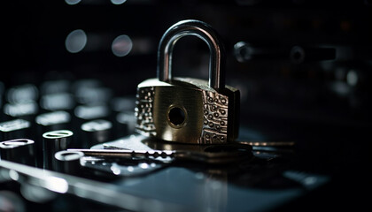 Metallic padlock symbolizes computer security and encryption for data accessibility generated by AI - obrazy, fototapety, plakaty