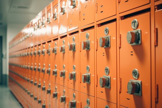 Secure metal locker with key in a public facility. Generative AI