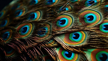 Obraz premium Vibrant peacock tail displays iridescent, multi colored beauty in nature generated by AI