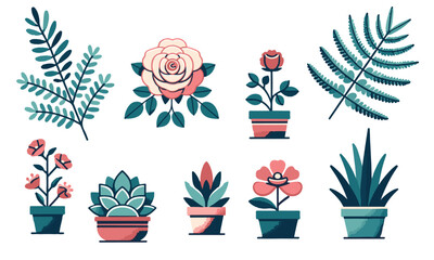 A high-quality, editable vector illustration in ESP format showcasing an aesthetic array of flowers and plants in pots. The collection features a variety of flora, including a prominent rose bloom and