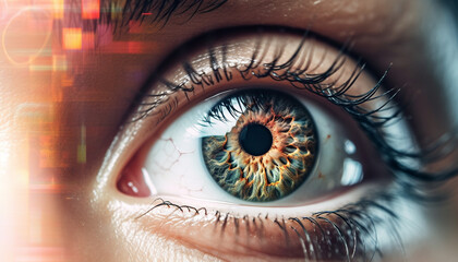 Blue eyed woman staring at camera, futuristic technology watching her generated by AI