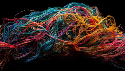 Multi colored abstract pattern of intertwined computer cables in vibrant colors generated by AI