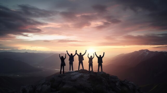 Silhouette of business team stand and feel happy on the most hight at stand on sunset, success, leader, teamwork, target, Aim, confident, achievement, goal, on plan, finish, generate by AI