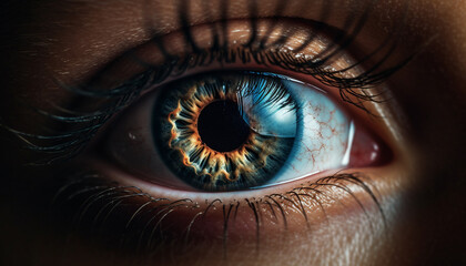Close up of a blue eyed woman iris staring at camera generated by AI