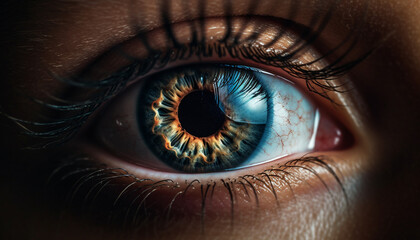 Naklejka premium Close up of a blue eyed woman iris staring at camera generated by AI