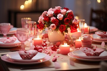 Obraz na płótnie Canvas Romantic Valentine's Day Dinner Setting, Lovley Roses