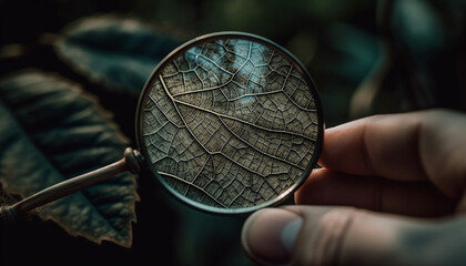 Examining plant growth with magnifying glass in nature forest environment generated by AI