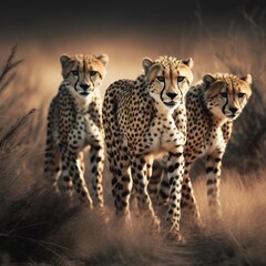 Cheetahs in wild. Three cheetahs walking across the field. Nature, animal concept