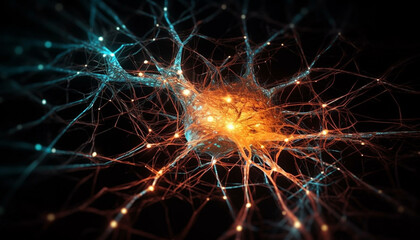 Fototapeta premium Glowing synapses connect nerve cells in the human brain communication generated by AI