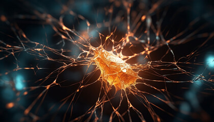 Glowing nerve cells connect in abstract synapse pattern on background generated by AI