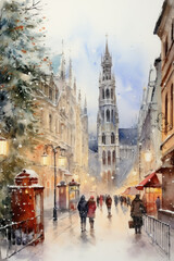a watercolor painting depicting a winter scene in a European city