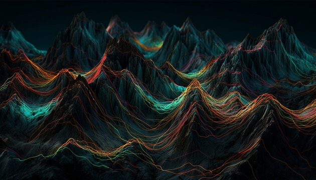 Futuristic computer generated image with flowing wave pattern and multi colored backdrop generated by AI
