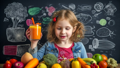Fototapeta na wymiar Smiling preschool girl learning healthy eating with fresh fruits and vegetables generated by AI