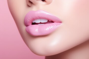 Close-up beautiful womans plump sexy lips with pink lipstick