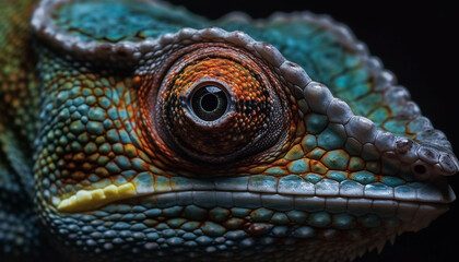Fototapeta premium Multi colored lizard staring, close up portrait, selective focus on foreground generated by AI