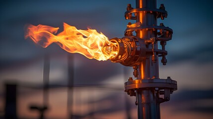 Gas pipeline with a burning flame of fire, pressure fuse with gas discharge. - obrazy, fototapety, plakaty