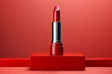 Red lipstick on a minimalist red background. Monochrome creative composition. - obrazy, fototapety, plakaty