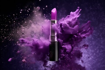 Purple lipstick with powerful explosion of purple dust on black background. - obrazy, fototapety, plakaty